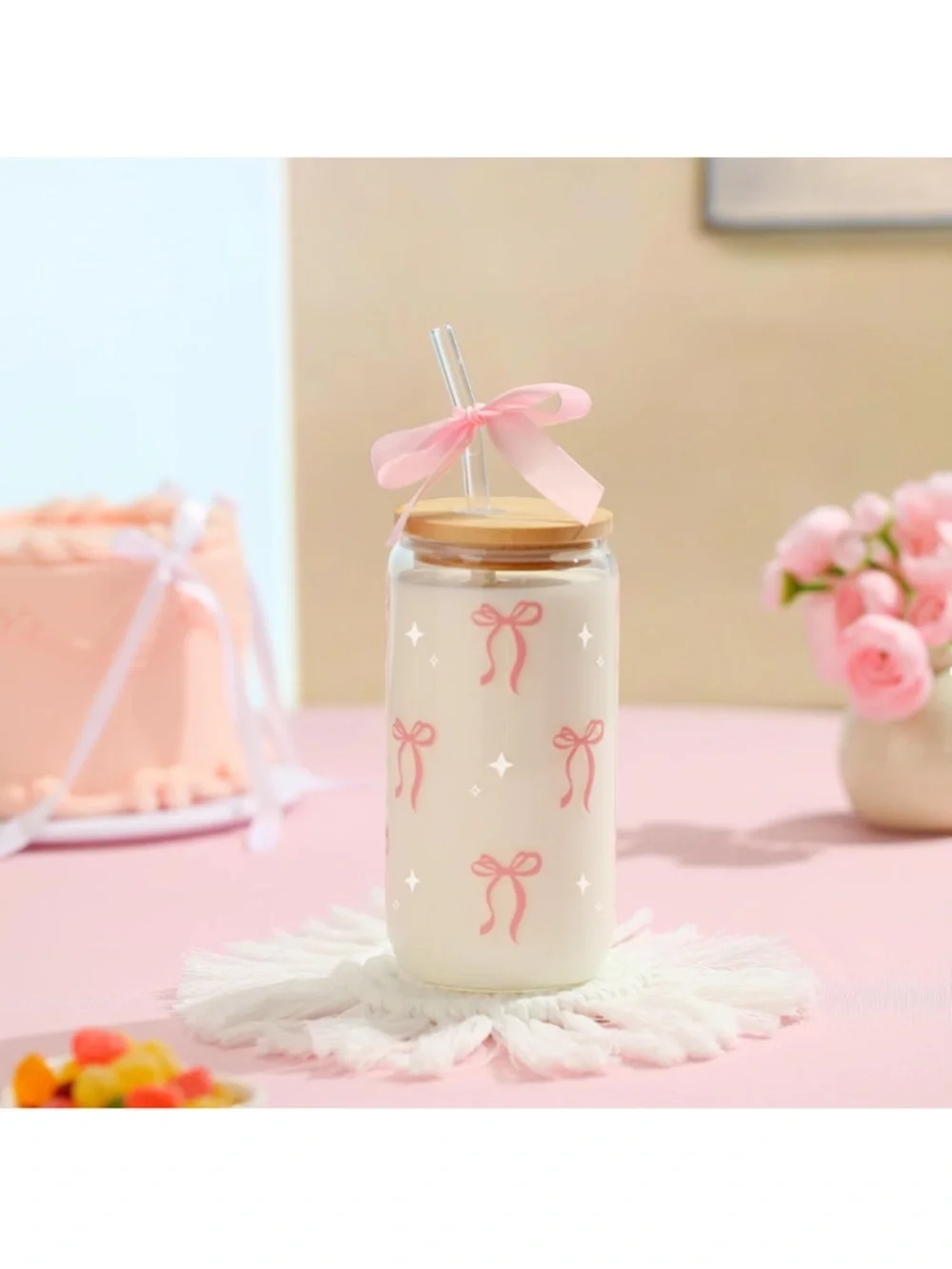Pink Bow 16 oz Glass Cup